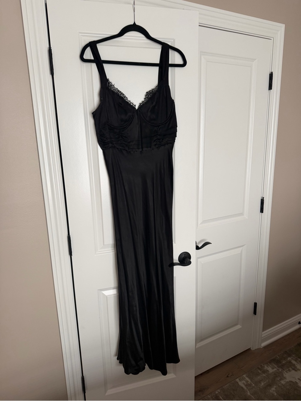 Astr Black Lace-Trim Long Satin Slip Dress